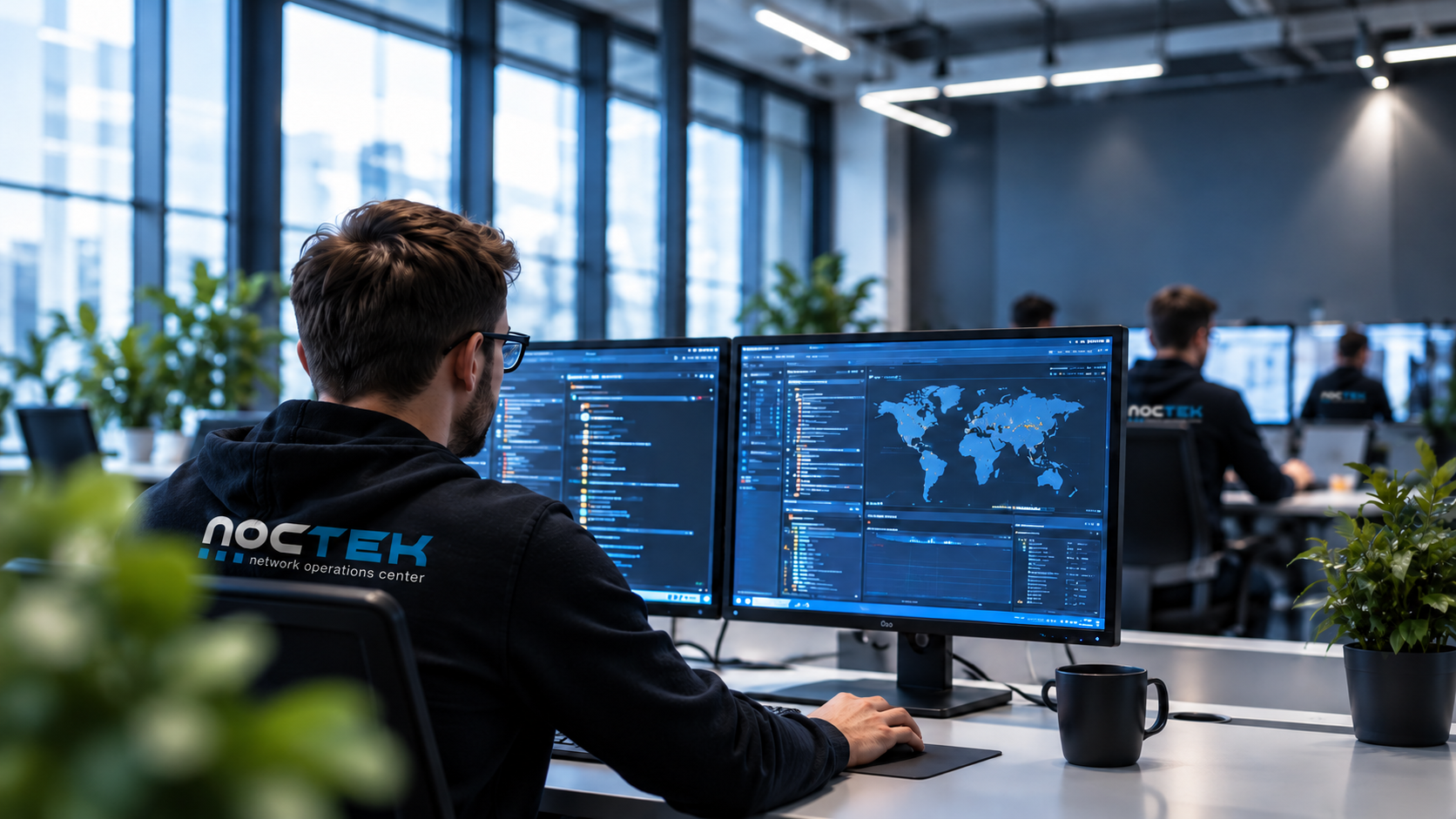 noctek IT-Spezialist überwacht Systeme an mehreren Bildschirmen