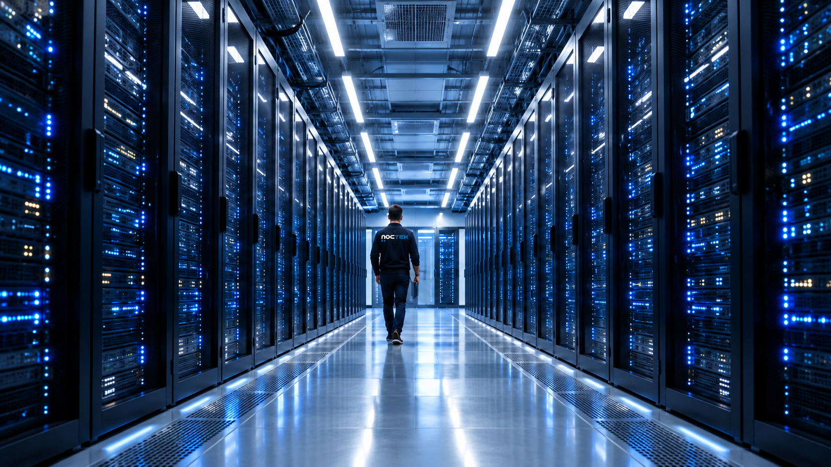 noctek Techniker in einem modernen Rechenzentrum mit Server-Racks